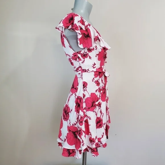 Free People "French Quarter" Red Floral Ruffle Mini Wrap Dress Size XS - Picture 5 of 15
